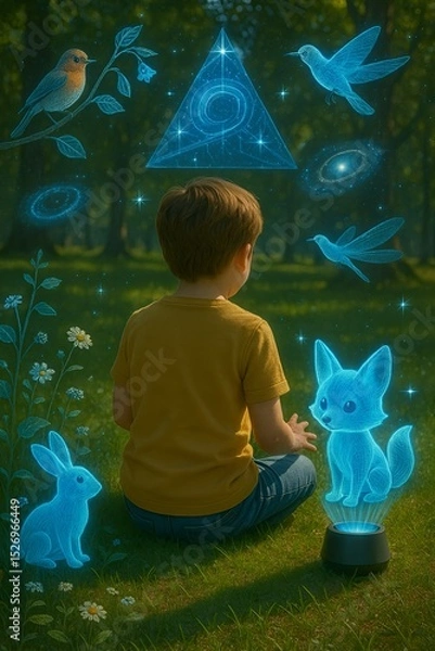 Fototapeta Child Interacting with Holographic Nature in a Magical Forest (AI Generated)