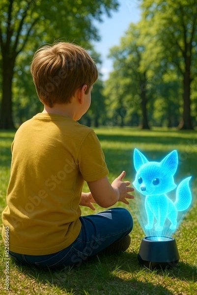 Fototapeta Child Interacting with Holographic Nature in a Magical Forest (AI Generated)