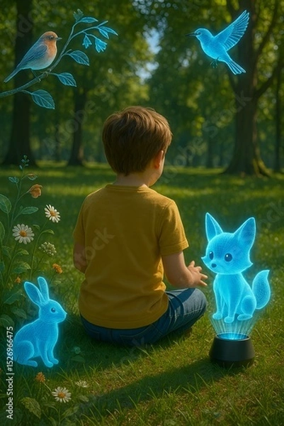 Fototapeta Child Interacting with Holographic Nature in a Magical Forest (AI Generated)