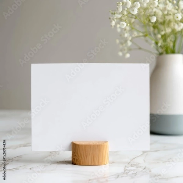 Obraz A blank mock up white card in a wooden holder on a minimalist home kitchen background.