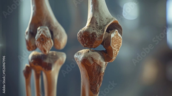 Fototapeta Realistic knee with chondromalacia: inflamed patellar cartilage, visible bones and tendons, futuristic high-tech aesthetic, medically accurate, sleek background, ideal for educational use...