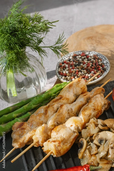 Fototapeta Barbecue on bamboo sticks. Grilled chicken kebab with mushrooms, asparagus and tomato. Red hot kebab. Close-up