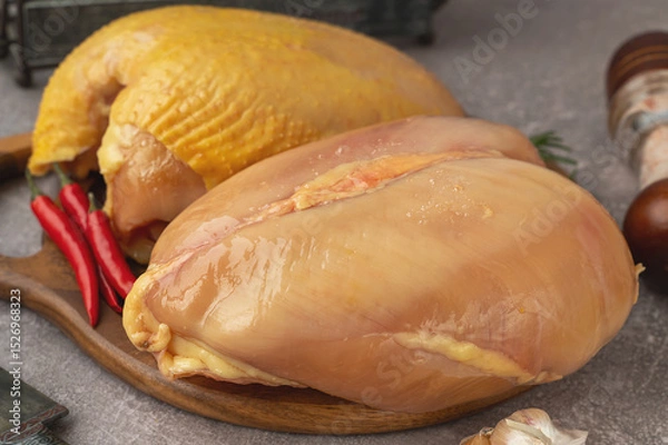 Fototapeta Chicken breasts with and without skin. Raw chicken breast fillets with rosemary and spices on a wooden cutting board. Close-up