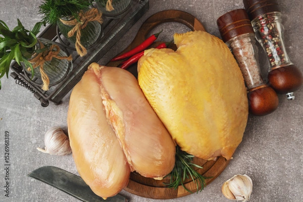 Fototapeta Farmstead homemade chicken breasts with and without skin. Raw chicken breast fillet with rosemary and spices on a wooden cutting board. Top view