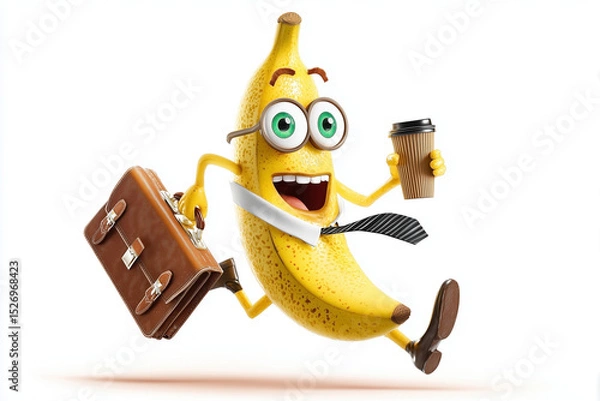 Obraz A cartoon banana character in business attire, holding a coffee cup and briefcase while running away with an exaggerated expression of urgency