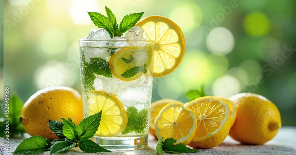 Fototapeta A refreshing frosty glass of Limonana with mint and lemon, perfect for summer beverage promotions and health-focused advertisements.