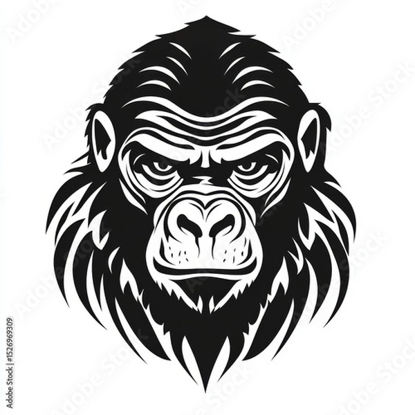 Fototapeta Black and white vector illustration of a gorilla head with bold lines and fierce facial expression. Represents strength, power, and can be used in branding, tattoos, or mascots.