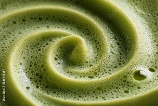 Fototapeta Close-up of a vibrant green matcha foam with a swirling pattern and delicate bubbles. Ideal for beverage branding, wellness content, and food or drink design backgrounds.