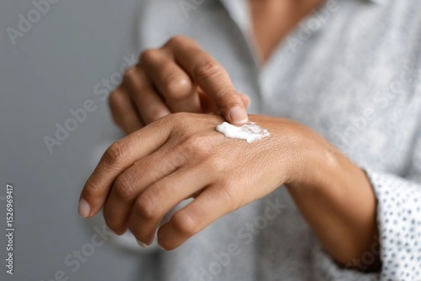 Fototapeta Close-up of a person applying moisturizing cream to the back of their hand with gentle care. Represents skincare, self-care, and beauty routines for health and wellness content.