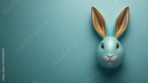 Fototapeta Stylized teal rabbit sculpture with golden ears set against a matching teal background. Suitable for whimsical, holiday, or children's design themes with a modern artistic twist.