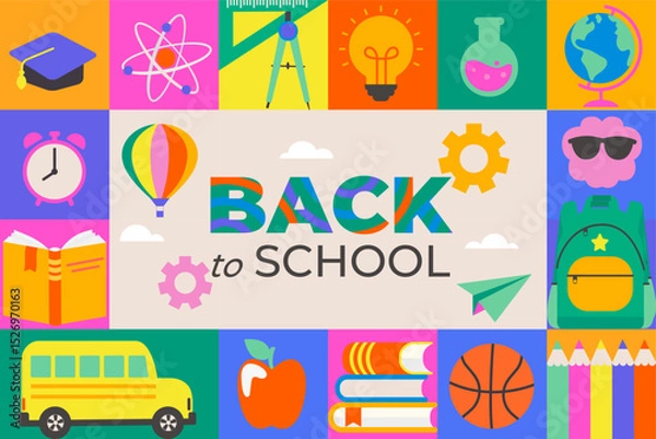 Fototapeta Welcome back to school geometric cover, poster with school stationery elements-pencils,books,globe. School educational template for advertise,web,poster,banner in square tile style.Vector illustration