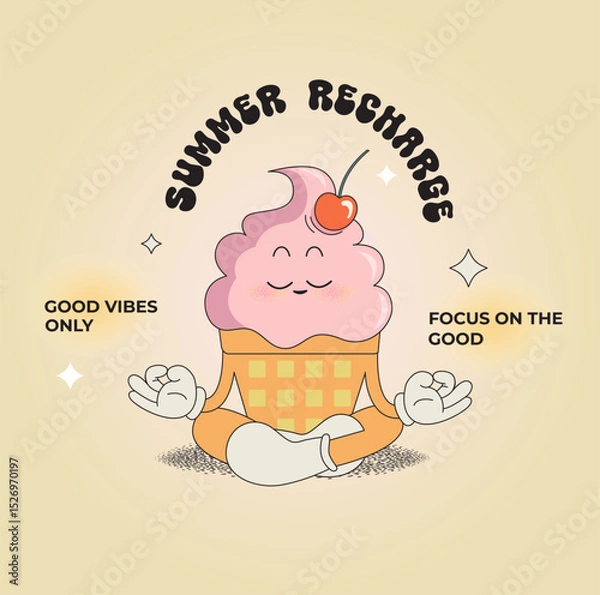 Fototapeta Lovely ice cream character in yoga pose,funny summer food-sundae, gelato. Sweet kawaii delicacy with cherry on top for kids. Template for greeting,invitation,poster, flyer, web.Vector illustration