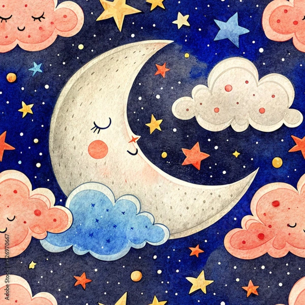 Fototapeta Dreamy Watercolor Nursery Pattern - Sleeping Moon and Star Clouds