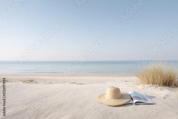 Fototapeta serene beach scene featuring straw hat magazine filled with beach stories and sunglasses on soft light sand