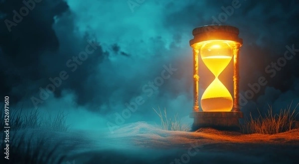Fototapeta Stylized Hourglass Lit with Soft Glow on a Clean Dark Background for Copy Space