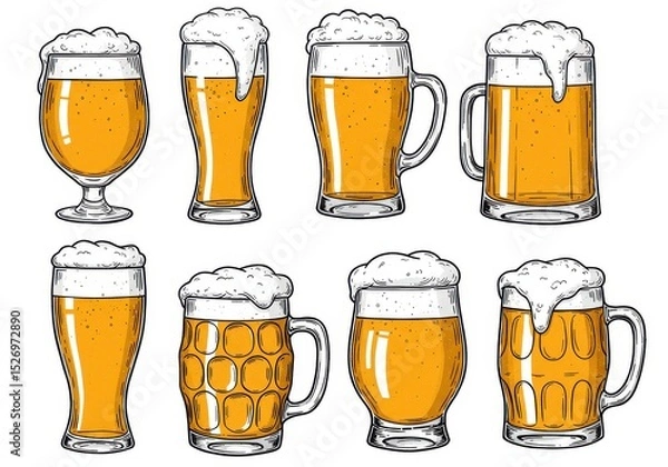 Obraz A collection of frothy beer glasses, isolated on white background