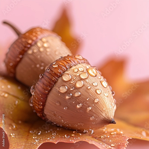 Obraz Close-up of Acorns with Water Droplets on Autumn Leaf