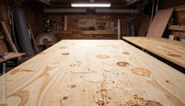 Fototapeta Woodworking table with plywood boards and sawdust pile in cozy workshop environment
