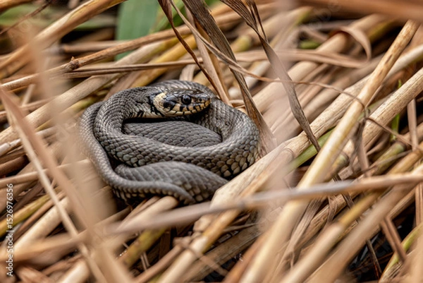 Obraz Close-up of a grass snake (Natrix natrix) coiled in dry reeds. Detailed wildlife photo of non-venomous European snake in natural habitat. Ideal for nature and reptile themes.
