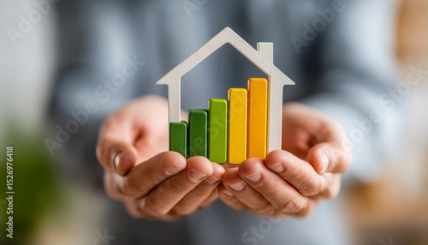 Fototapeta Hand holding a house-shaped chart showing growth in property market