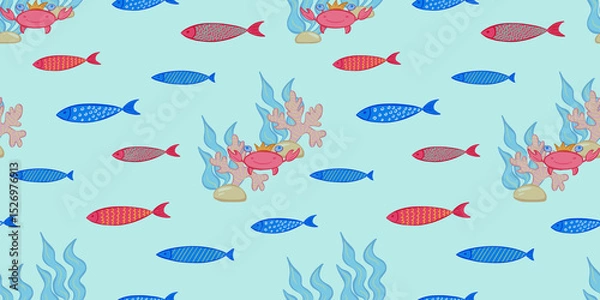 Fototapeta Colorful sea life seamless pattern with fish and coral design