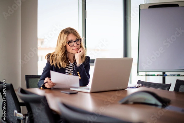 Obraz Blond haired business woman using a laptop in a modern office