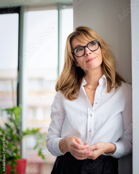Obraz Attractive blond haired woman standing by the window in a modern office