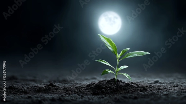 Fototapeta Delicate green sprout emerging through barren ground, moonlit landscape highlighting resilience and potential growth amid harsh conditions