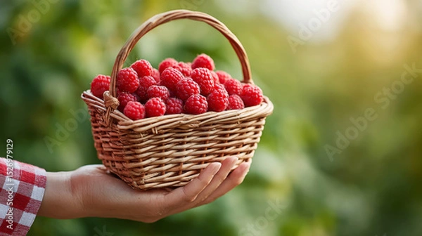 Fototapeta Hand holding wicker basket full of ripe raspberries, freshly picked in garden, soft golden light, blurred greenery