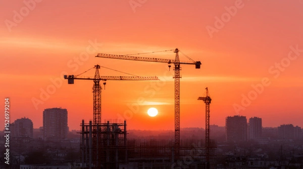 Fototapeta Silhouetted construction cranes building new skyscrapers at sunset over a cityscape, creating a vibrant and dynamic urban scene