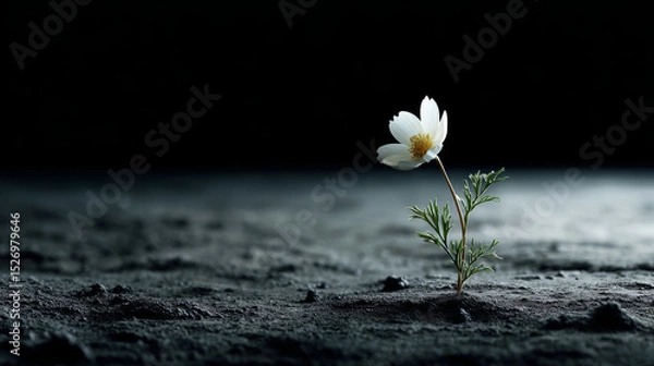 Fototapeta Fragile white blossom emerging from desolate lunar terrain, representing endurance and life's unexpected resilience