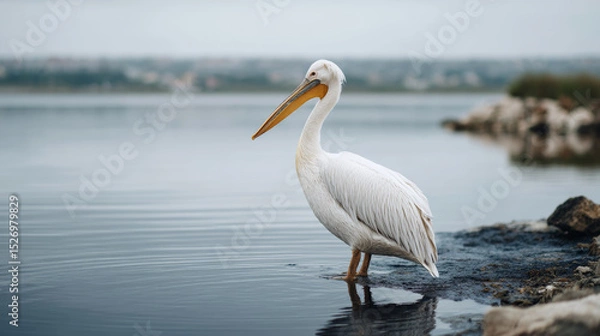 Fototapeta White pelican standing in oil slicked water near shore, highlighting environmental pollution and its impact on wildlife