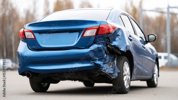 Fototapeta Damaged blue sedan rear bumper and taillight, revealing impact of vehicle collision and potential insurance claim scenario