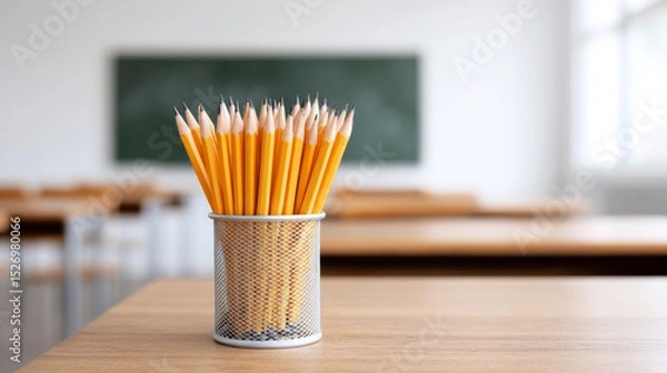 Fototapeta Metallic pencil holder displaying classroom writing tools, wooden desk surface, blurred chalkboard backdrop highlighting educational setting