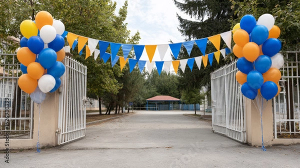 Fototapeta School gate decorated with colorful balloons and pennants, celebrating the first day of school, creating a festive atmosphere
