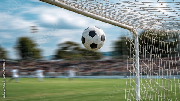 Fototapeta Soccer ball crossing goal line, capturing dynamic motion blur during intense USA Cup soccer competition