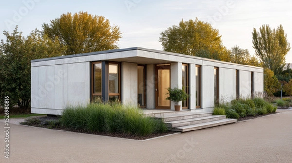 Fototapeta Modern prefab home showcasing sustainable design, constructed using recycled panels, glowing under warm afternoon sunlight