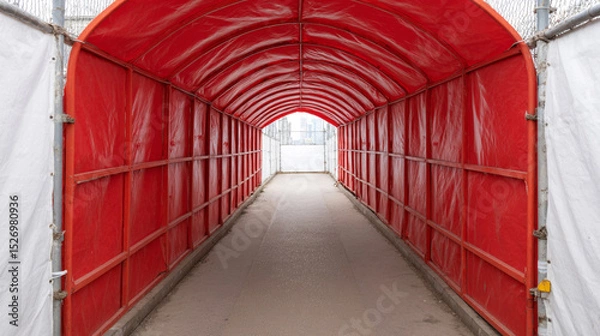 Fototapeta Red covered temporary pedestrian walkway tunnel providing safe access near active construction site, urban setting