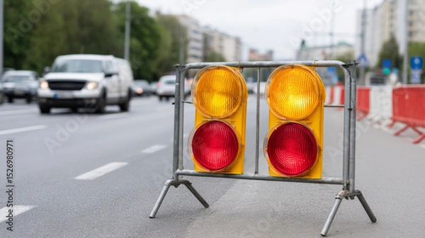 Fototapeta Temporary traffic lights and barriers installed at roadwork zone ensure safety for workers and drivers, regulating traffic flow in bright daylight