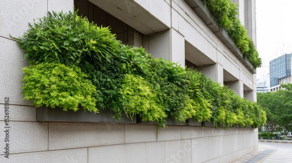 Fototapeta Green foliage draping urban facade, representing innovative vertical gardening design integrating eco friendly architectural approach