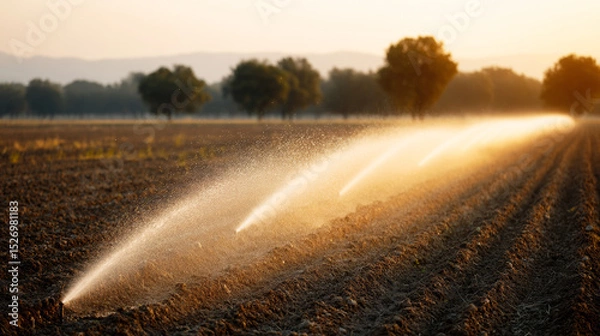 Fototapeta Automated irrigation system watering rows in cultivated field at sunrise, providing essential hydration for crops