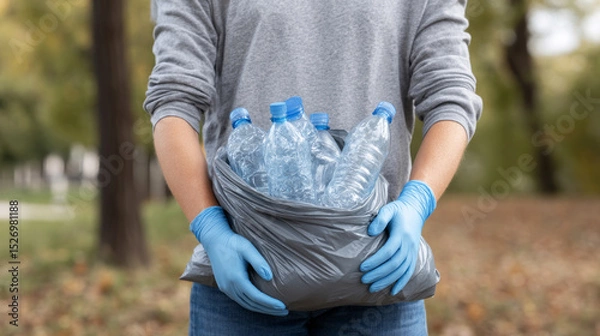 Fototapeta Volunteer wearing gloves collecting plastic bottles in a bag, demonstrating recycling awareness in a park