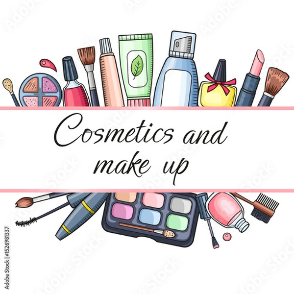 Fototapeta Hand drawn make up and cosmetics horizontal banner.