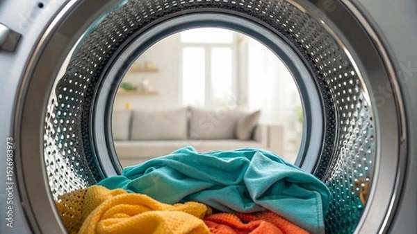 Fototapeta View from inside a washing machine, showcasing bright garments waiting to be washed
