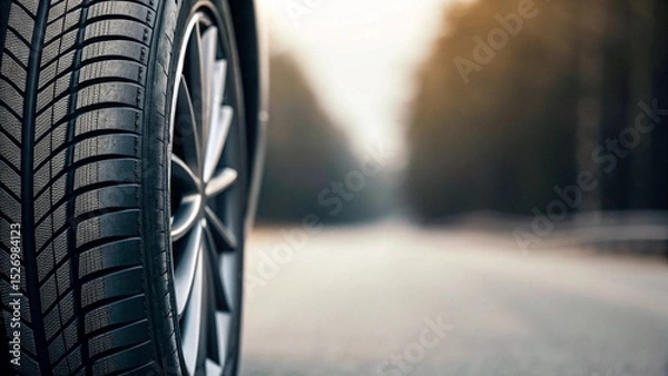 Fototapeta A modern car tire, complete with a gleaming silver alloy wheel, stands prominently on a light grey studio floor, perfectly illuminated by a soft