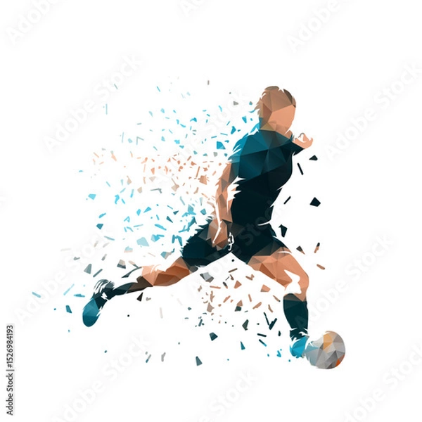 Fototapeta Woman playing soccer, female football player kicking ball, isolated vector low poly illustration with dispersion effect