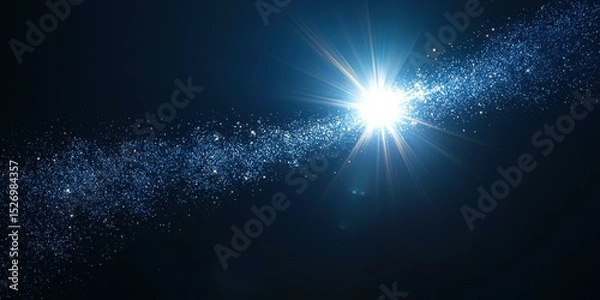 Fototapeta Abstract light beam with glowing rays, glitter particles in blue dark space, illuminated shiny backdrop, magical burst of illumination, copy space
