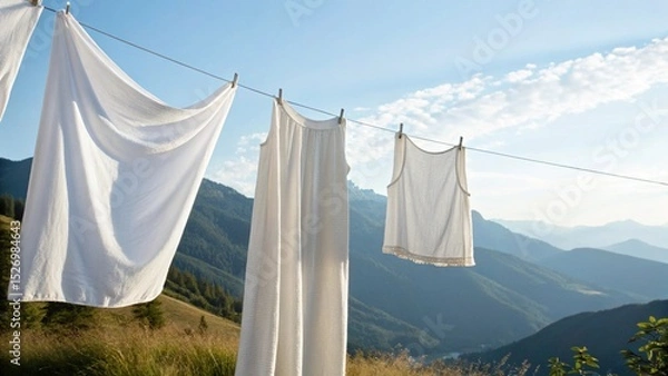 Fototapeta A bright white sheet hangs drying on a clothesline in a picturesque European courtyard. In the foreground, vibrant purple lavender bushes line a stone path