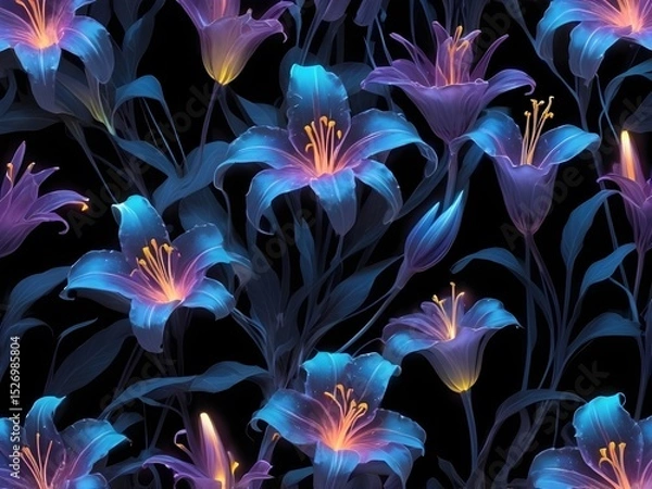 Fototapeta Ethereal glowing lilies with translucent petals in vibrant purple, blue, green, and pink hues, softly radiating bioluminescent light on a dark background, mystical and enchanting floral art.