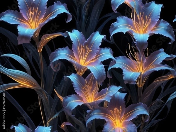 Fototapeta Ethereal glowing lilies with translucent petals in vibrant purple, blue, green, and pink hues, softly radiating bioluminescent light on a dark background, mystical and enchanting floral art.